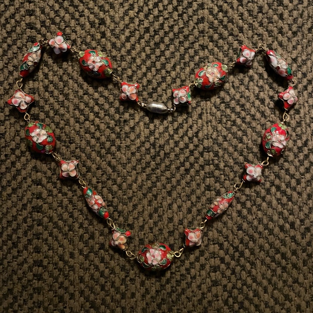 Red Flower Cloisonne Necklace Choker 18”
